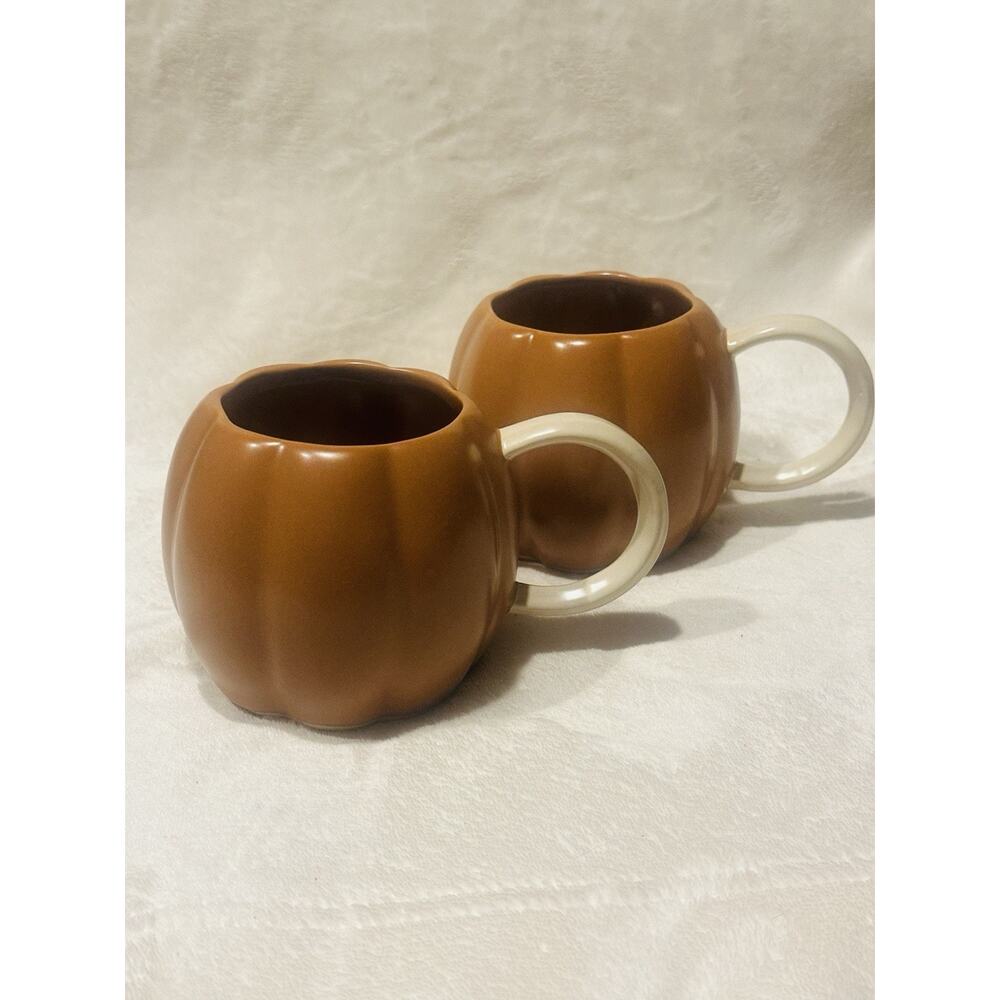 West Elm Stoneware Pumpkin Mug Set; Terracotta Cream Handles Fall Festive
